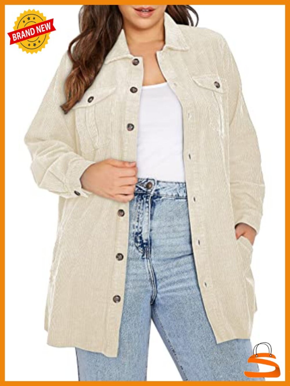 Plus Size Corduroy Shacket Long Sleeve Button Down Jacket